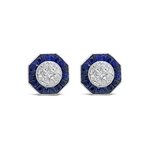 ladies rose gold earrings vines -Sapphire & Diamond Octagon Earrings