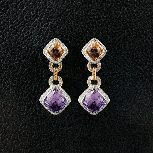 striped texture earrings for women -Amethyst, Citrine & Diamond Dangle Earrings