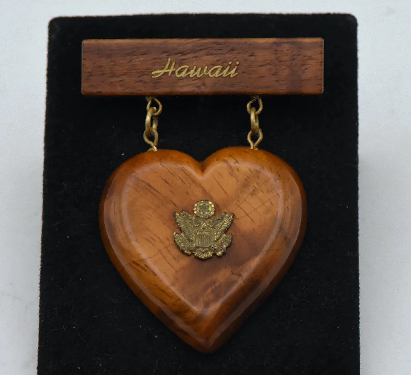 ladies gemstone brooch with pendants -Vintage Wooden Hawaii US Army Heart Brooch