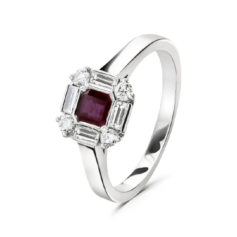 ladies gem rings nature themes -18ct White Gold Ruby & Diamond Cluster Ring