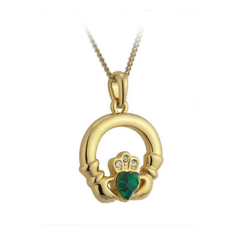 Ladies glittering diamond necklaces -Gold Plated Green Claddagh Necklace