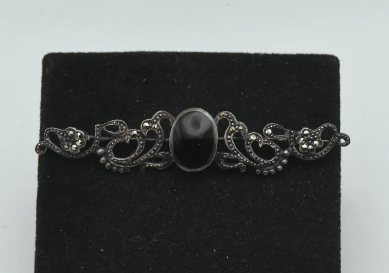 ladies rose gold brooch vines -Vintage Sterling Silver Black Onyx and Marcasite Brooch