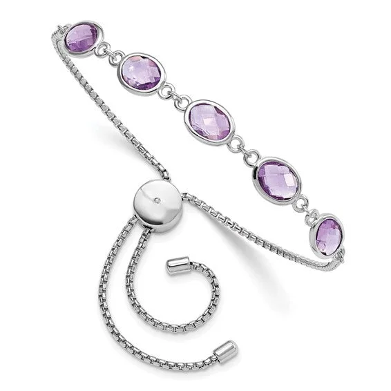 Ladies glossy smooth bracelets -Sterling Silver Rhodium Plated Amethyst Adjustable Bolo Bracelet