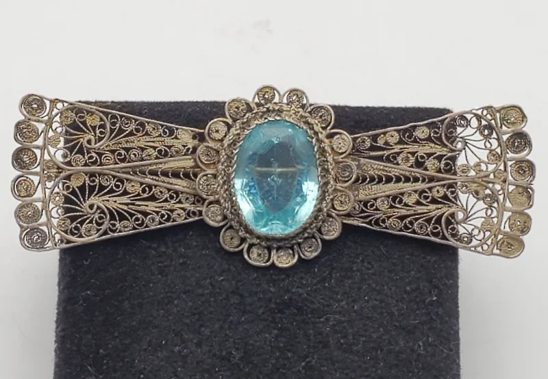 rose gold square brooch for women -Vintage Handmade Filigree Imitation Aquamarine Brooch