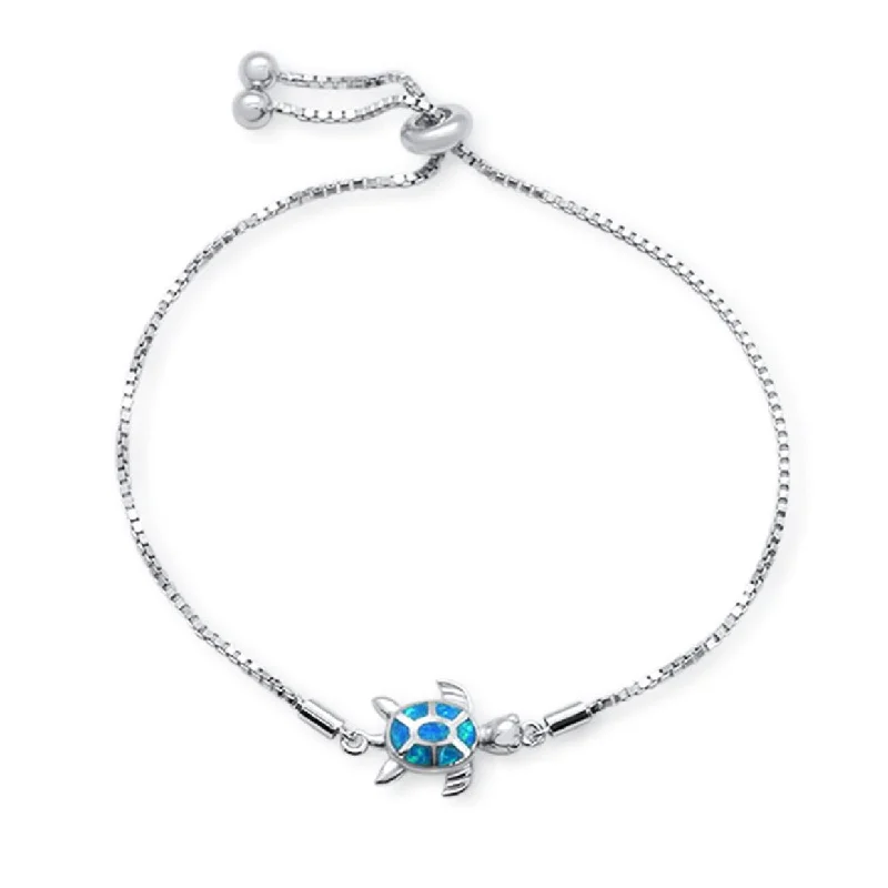 Ladies textured weave bracelets -Sterling Silver Blue Opal Turtle Adjustable Bolo Bracelet