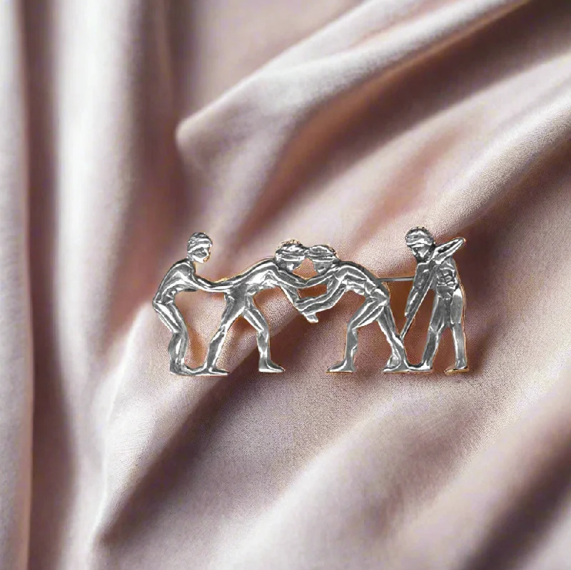 oxidized finish brooch for women -Greek Olympic Wrestles Brooch in Sterling Silver (K-74)