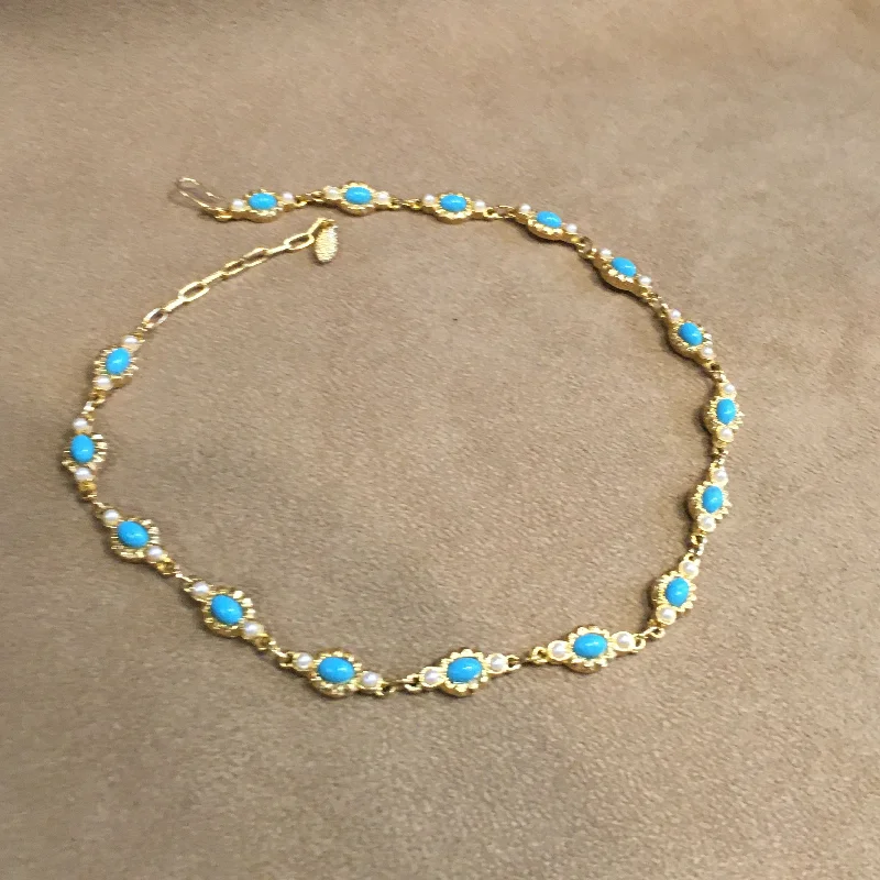 Ladies pony stride necklaces -Vintage Turquoise and Seed Pearl Gold Plated Necklace