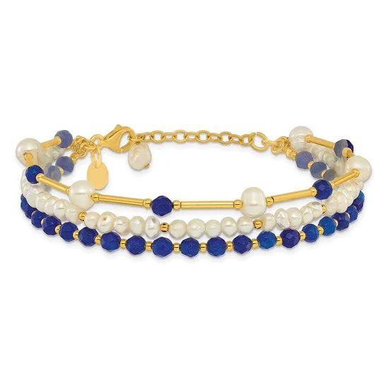 Ladies tag shine bracelets -Sterling Silver Gold-plated Freshwater Pearl and Blue Quartz Bracelet