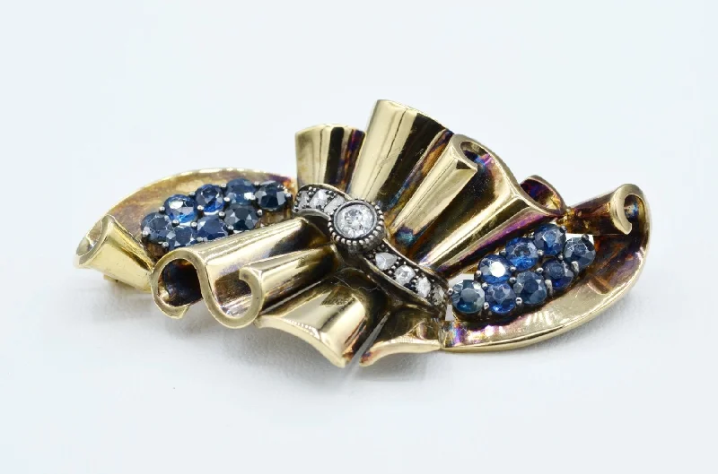 ladies silver brooch sodalite stones -15K and Sterling Silver Diamond and Sapphire Brooch