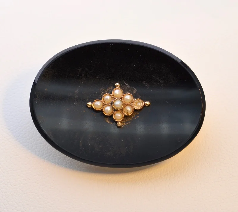 ladies sterling silver brooch with stones -14K yellow gold onyx brooch with seed pearls