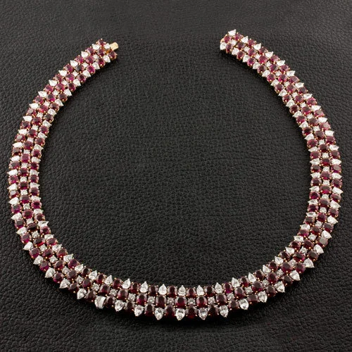 ladies rose gold earrings bar accents -Ruby & Diamond Necklace, Bracelet & Earrings Suite