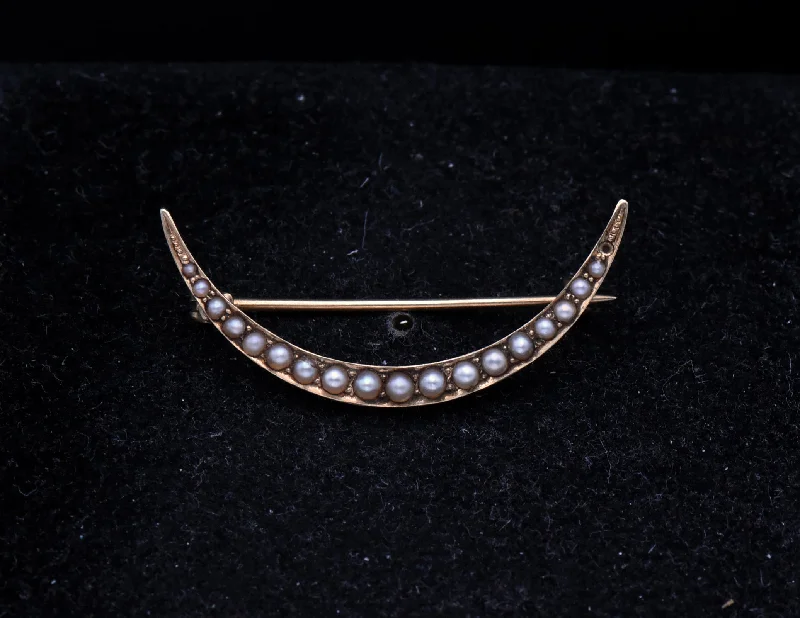 silver floral brooch for women -Antique Handmade 14K Gold and Pearls Crescent Moon Brooch