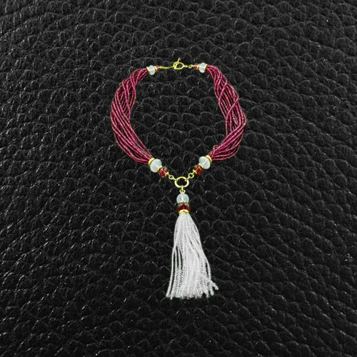 Ladies lustrous crystal necklaces -Rubellite & Moonstone Bead Necklace with Tassel