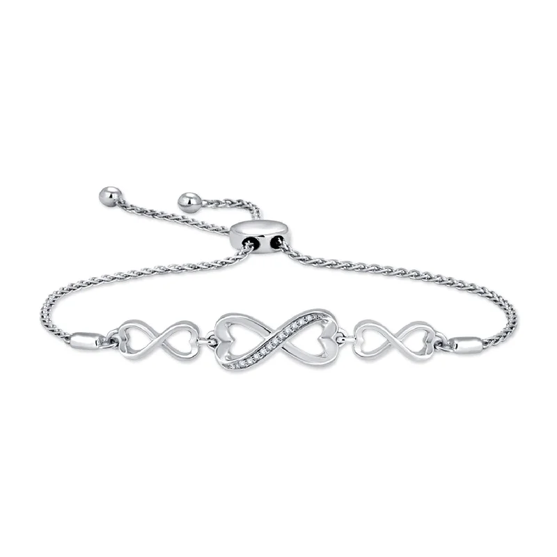 Ladies puppy charm bracelets -Sterling Silver Diamond Heart Infinity Adjustable Bolo Bracelet