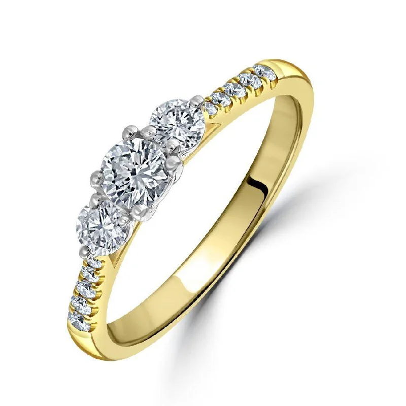 ladies silver rings sapphire stones -18ct Yellow Gold Round Brilliant Cut Diamond Trilogy Ring with Diamond Shoulders