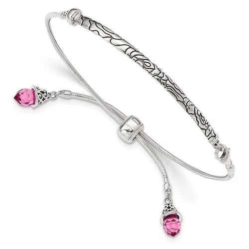 Ladies dusk gleam bracelets -Sterling Silver Pink Crystal Tassel Adjustable Bolo Bracelet