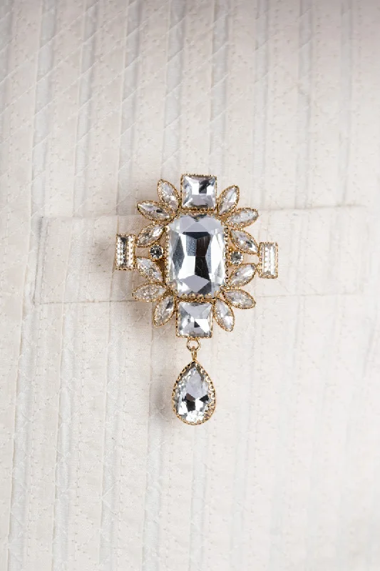 crisscross design brooch for women -Transparent Rectangular Crystal Brooch With Drop Detailing