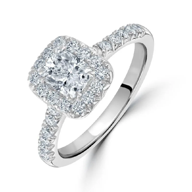 ladies hammered gold rings -Platinum Cushion Cut Diamond Halo Ring with Diamond Shoulders