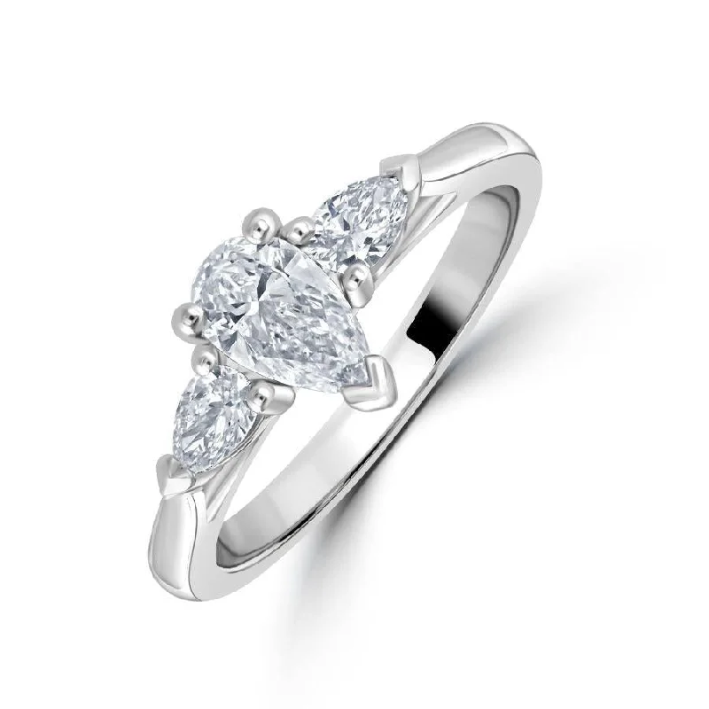 ladies cocktail rings gold finish -Platinum Pear Cut Diamond Trilogy Ring