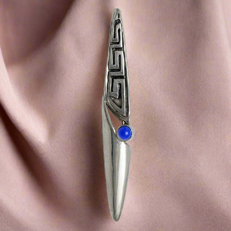 ladies silver brooch fluorite stones -Greek Key Meander Brooch in Sterling Silver with a Lapis Lazuli (K-61)