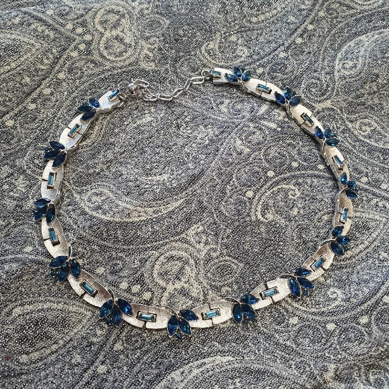 Ladies dramatic bold necklaces -Silver Plated Necklace Sapphire Blue Crystal by Trifari Unsigned