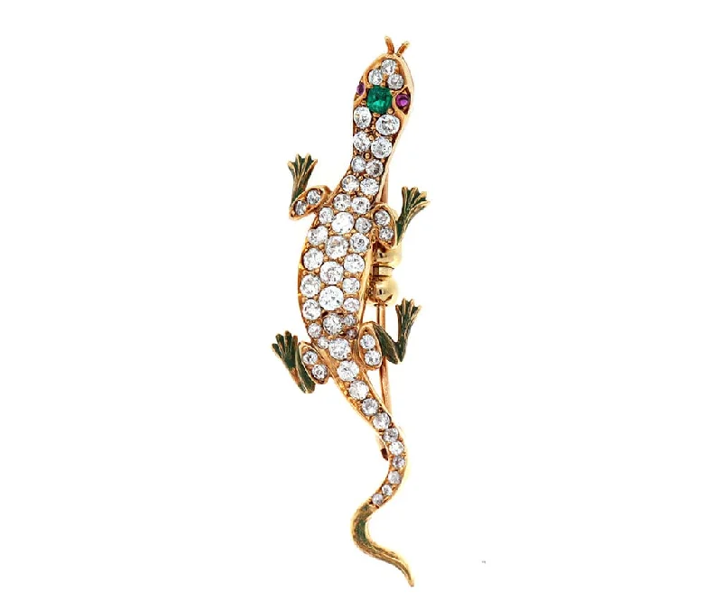 ladies gold brooch lotus motifs -Vintage 1.25ctw Diamond 0.03ctw Ruby and 0.11ct Emerald Gecko Brooch in 18K