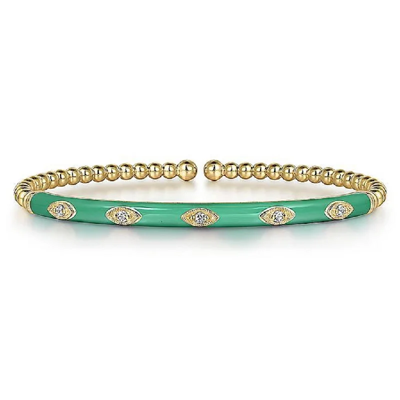 Ladies Celtic braid bracelets -Gabriel & Co. 14K Yellow Gold Bujukan Beads and Diamond Split Bangle with Green Enamel