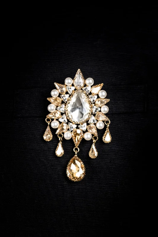 triple gem brooch for women -Gold Crystal Studded Brooch