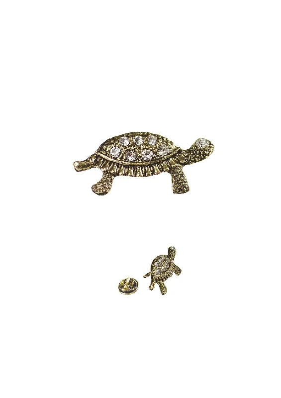 ladies brooch gemstone accents -Hot Tomato Baby Turtle Brooch in Antique Gold and Clear Crystals