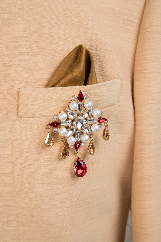 ladies brooch opal inlays -Quadrant Shaped Ruby Brooch with Pearl Drops