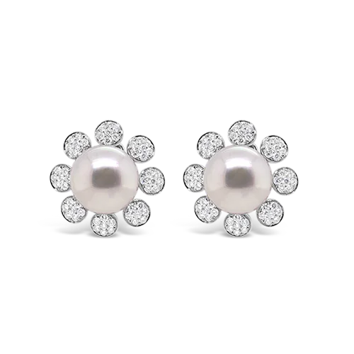 matte silver earrings for women -South Sea Pearl & Diamond Flower Earrings