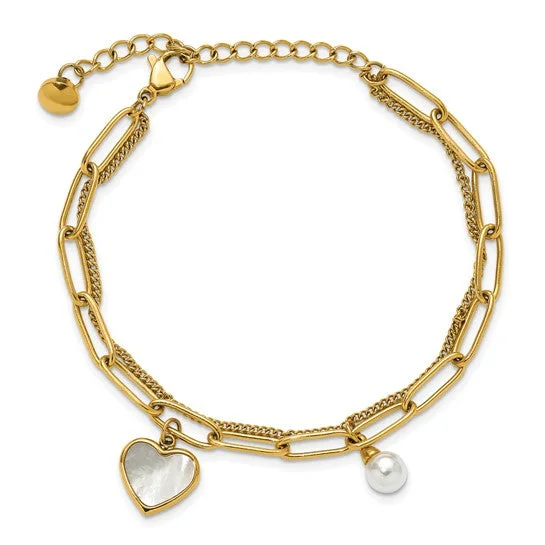 Ladies blossom charm bracelets -Stainless Steel Gold IP-Plated Mother of Pearl Heart and Pearl Bracelet