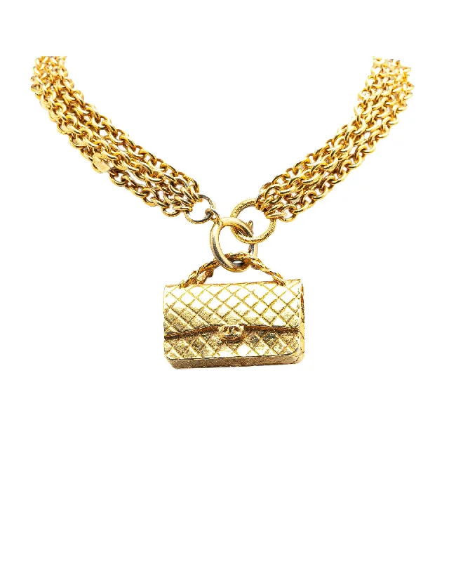 Ladies sunny charm necklaces -Gold Plated Triple Chain Flap Bag Pendant Necklace