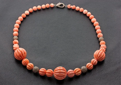 Ladies deep black necklaces -Carved Coral & Diamond Necklace