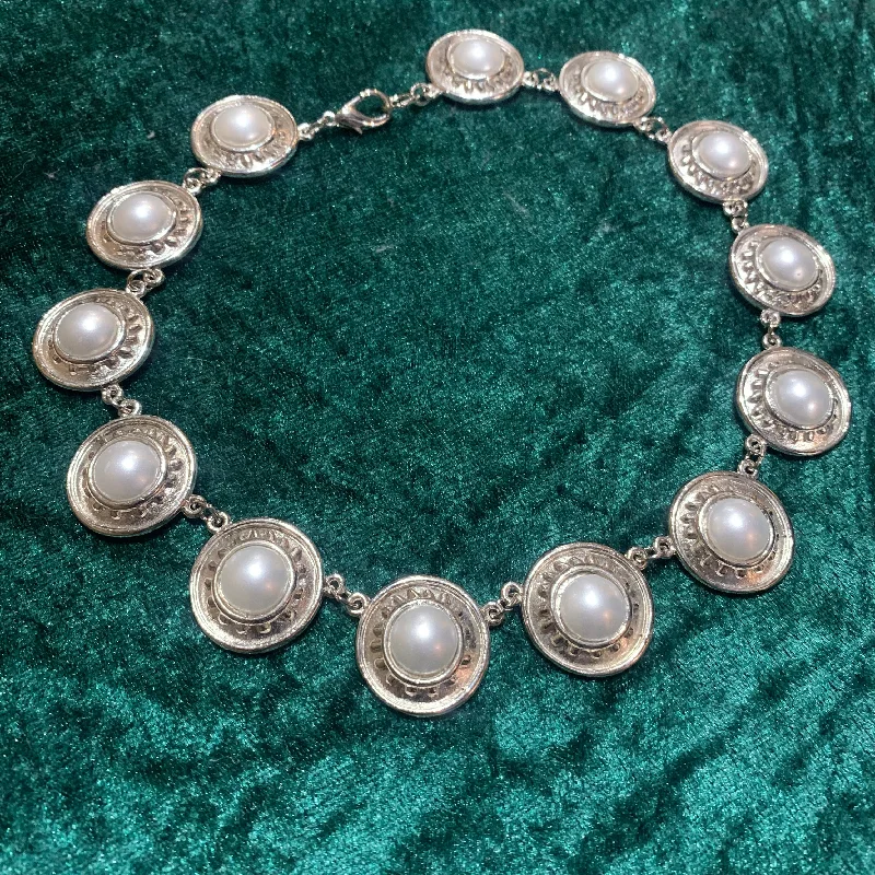 Ladies tiered layer necklaces -Silver glass pearl disc vintage necklace