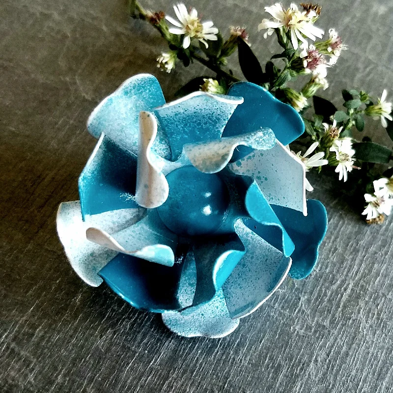 ladies silver brooch agate stones -Small Teal and White Cabbage Rose Brooch