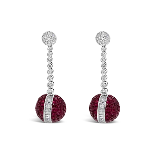 grid pattern earrings for women -Ruby & Diamond Ball Earrings