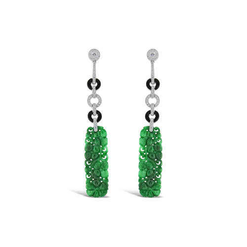 silver stud earrings for women custom -Carved Jade & Diamond Dangle Earrings