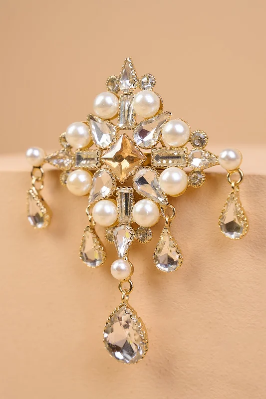 rose gold hexagon brooch for women -Ivory Quadrant Crystal Pearl Brooch