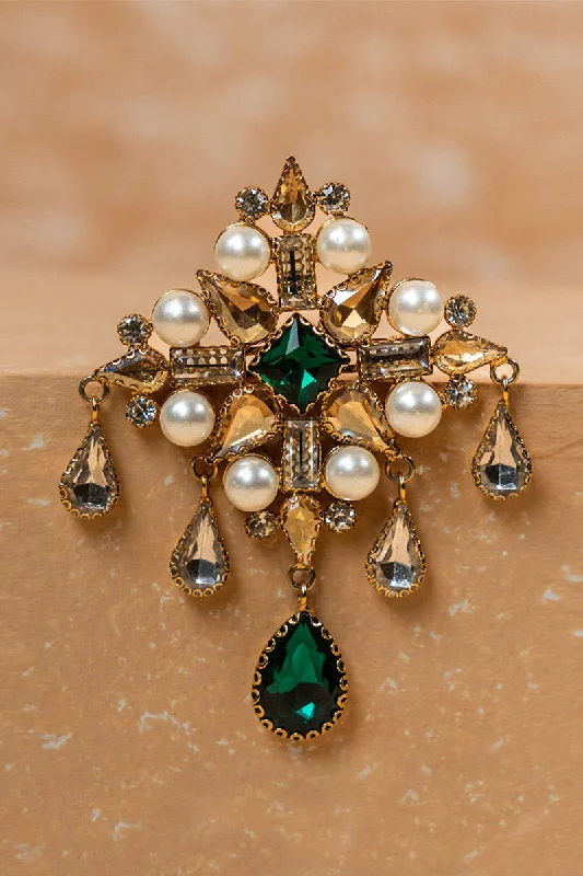 ladies white gold brooch lines -Dark Green Quadrant Crystal Pearl Brooch