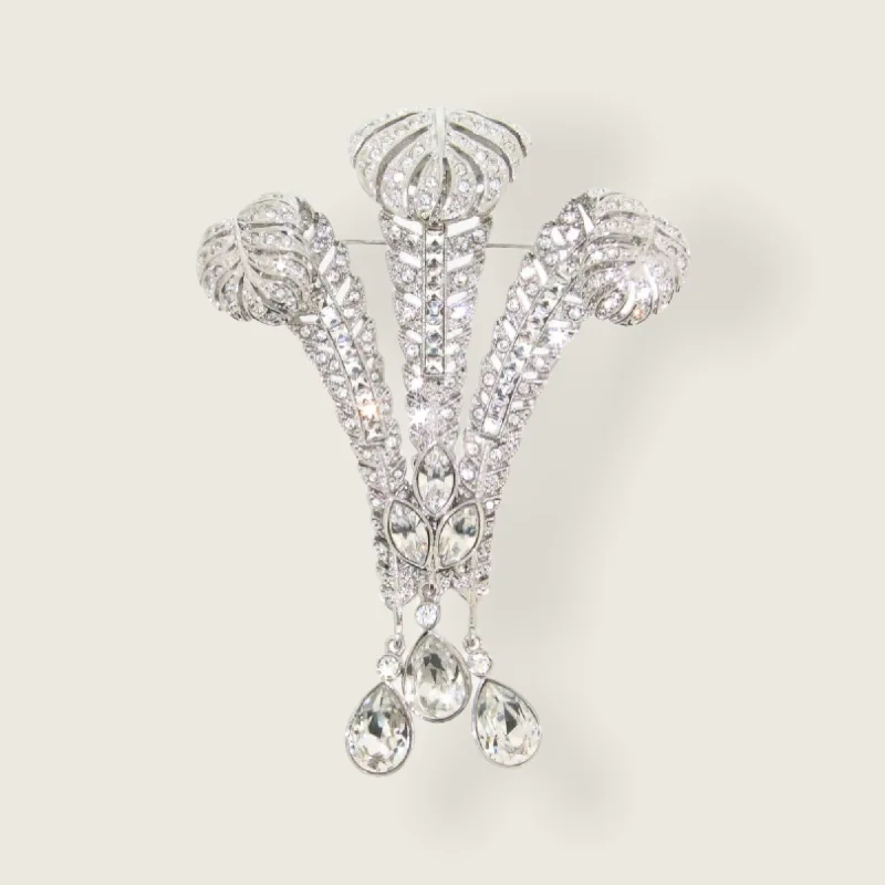 ladies white gold brooch pearl accents -Prince of Wales Feathers Brooch Crystal Bill Skinner