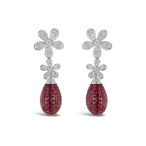 ladies earrings diamond cut edges -Diamond & Ruby Flower Earrings