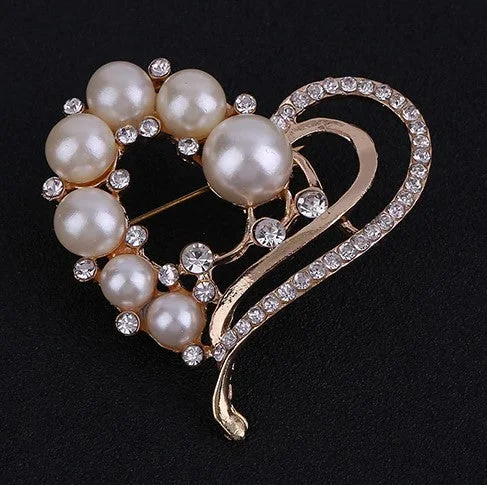 ladies silver brooch topaz stones -Gold or silver Heart Rhinestones & Pearls Brooch  BR-96