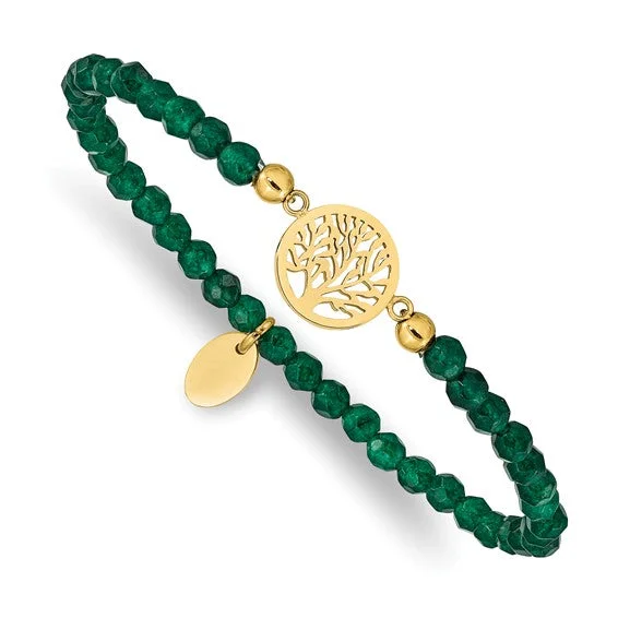 Ladies kitty paw bracelets -Stainless Steel Gold Plated Tree of Life 4mm Green Jade Beaded Stretch Bracelet