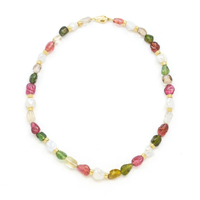 Ladies soft tone necklaces -Baroque Freshwater Pearls & Tumbled Multicolored Tourmaline Necklace