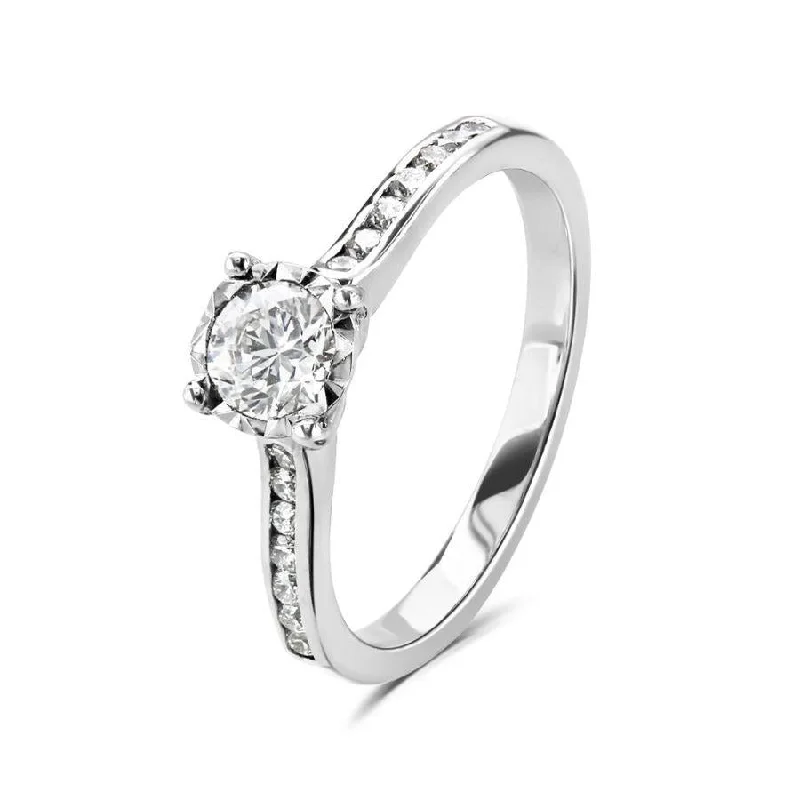 ladies silver rings ruby stones -18ct white gold illusion set solitaire Diamond ring with channel set Diamond shoulders