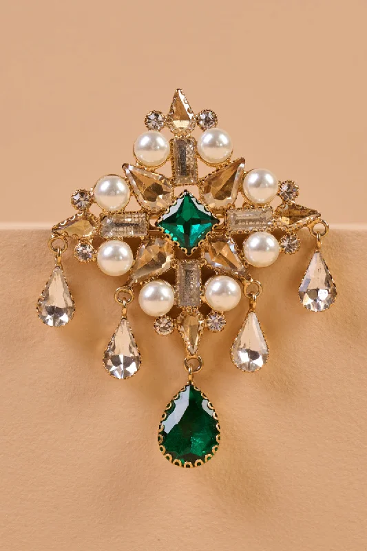 linked gem brooch for women -Emerald Brooch With Pearls & Beads