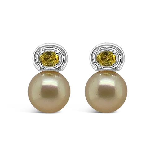 ladies silver earrings onyx stones -Golden Pearl & Yellow Sapphire Earrings