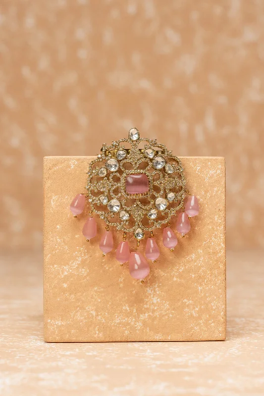 oxidized gold brooch for women -Pink Crystal Brooch With Beads Tassel