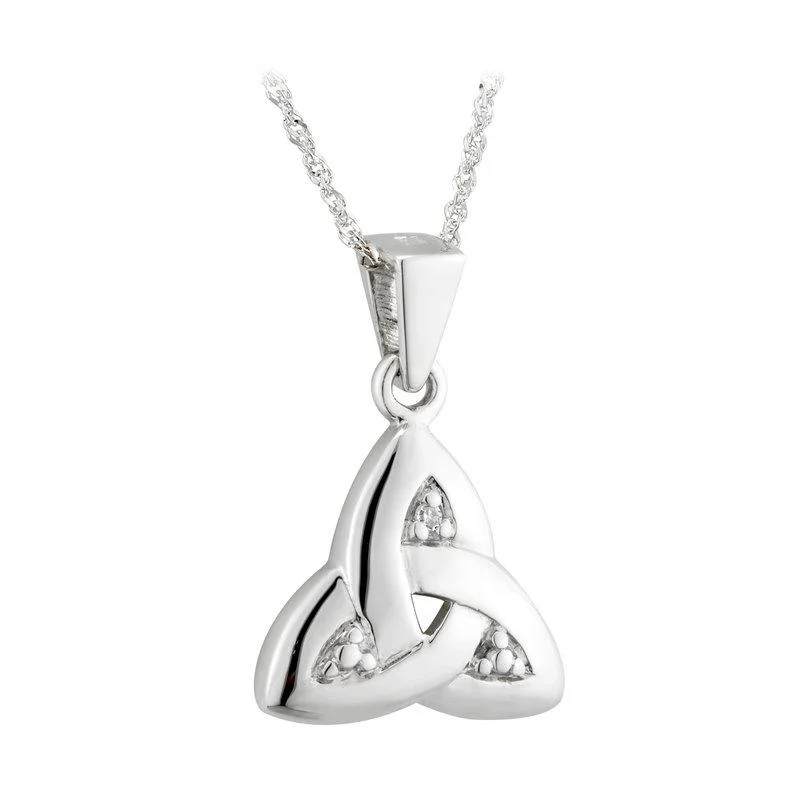 Ladies handmade artisan necklaces -14K White Gold Diamond Trinity Knot Necklace